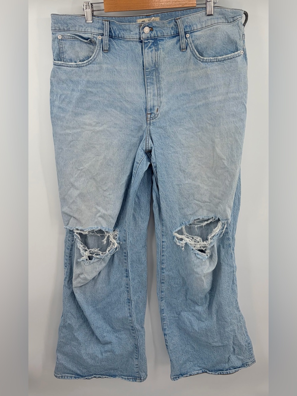 Madewell super wide leg denim jean distressed knee vintage wash women’s 33